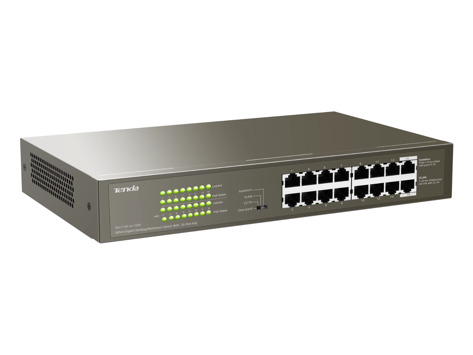 [TEG1116P-16-150W] Tenda 16-Port PoE Switch